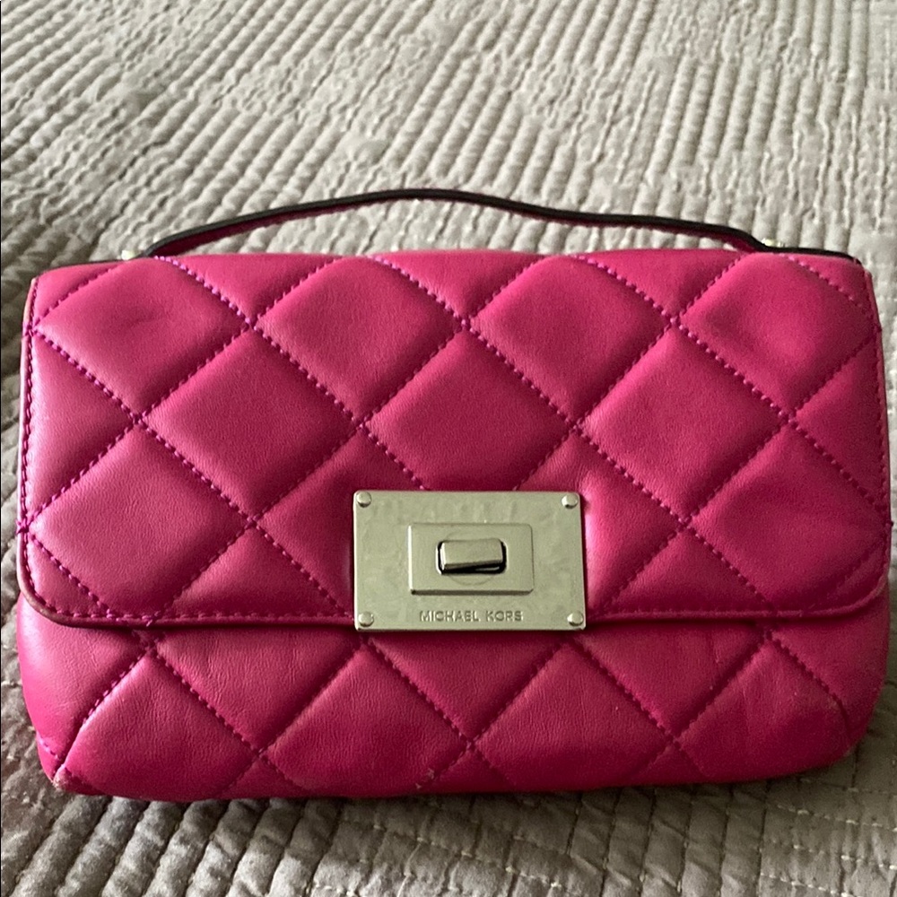 Michael Kors Pink Quilted Clutch with Chrome Clasp
